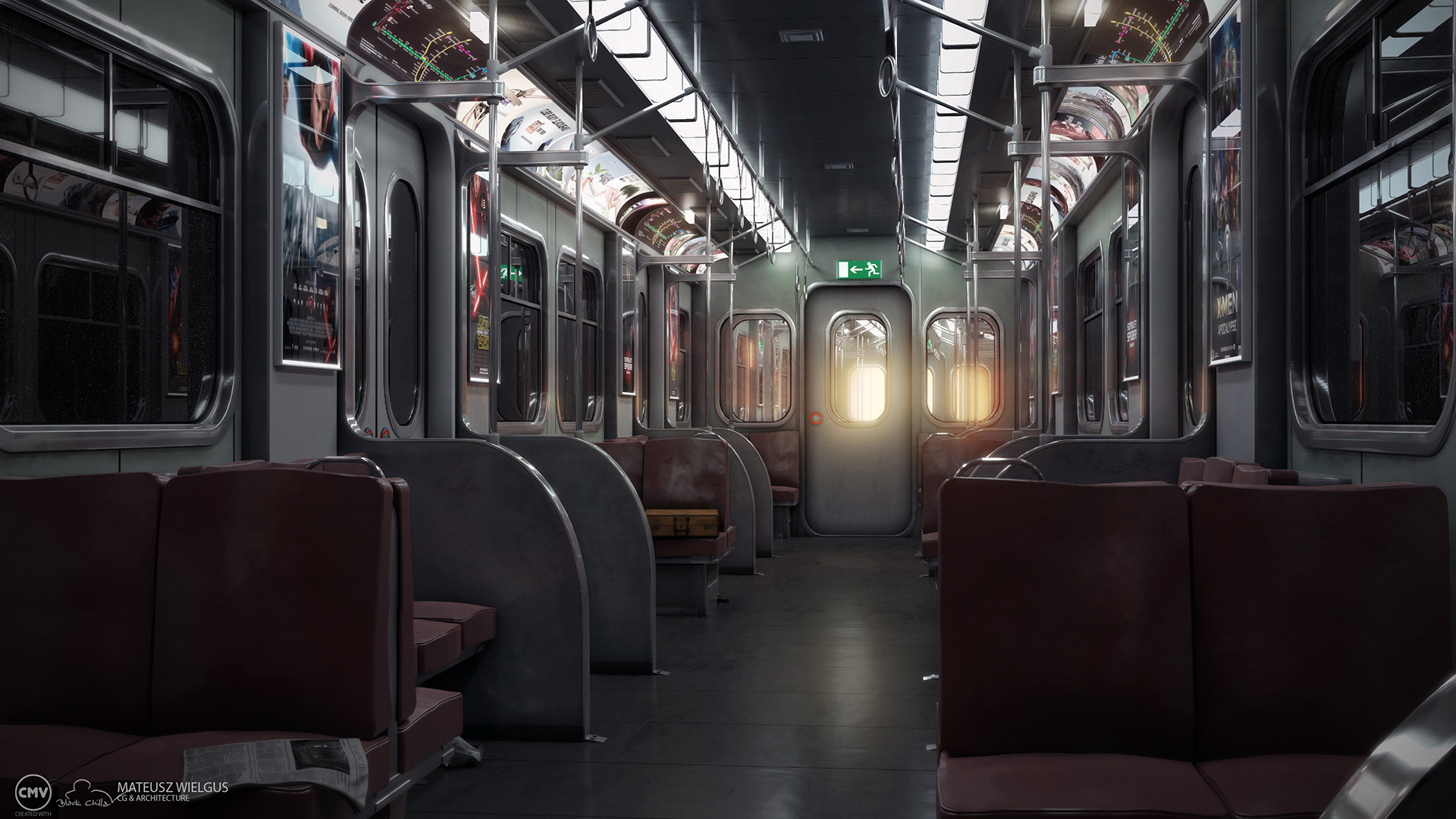 Interior train scene showing generated materials: metal, glass, fabric, paper